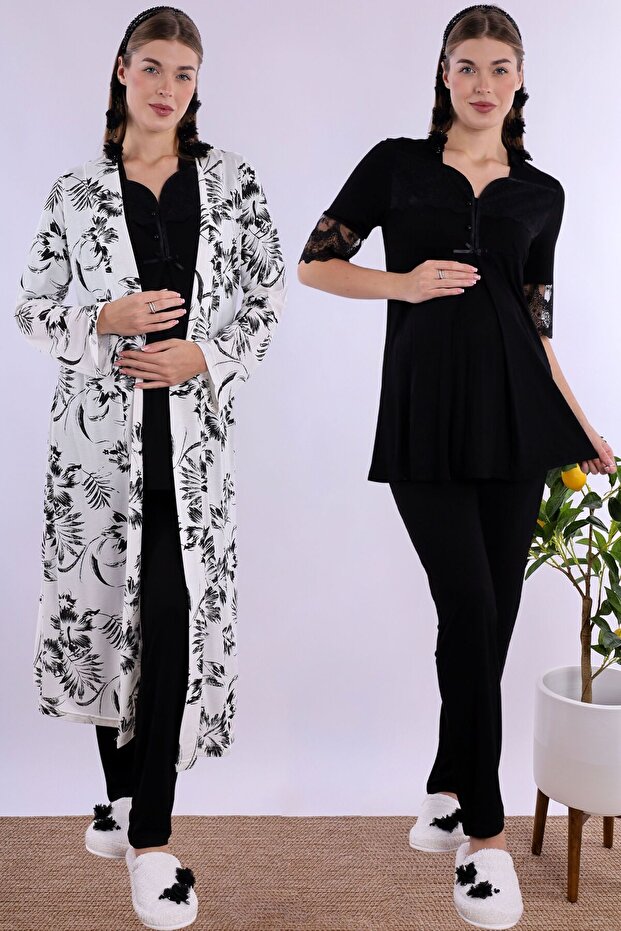 Effortt Black Maternity Pajama Set with Dressing Gown