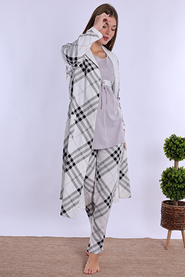 Effortt Gray 100% Cotton Maternity Pajama Set with Dressing Gown