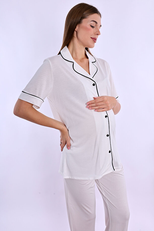 Maternity Pajama Set with Front Buttons and Breastfeeding Feature – Elastic Waistband Effortt - Ecru