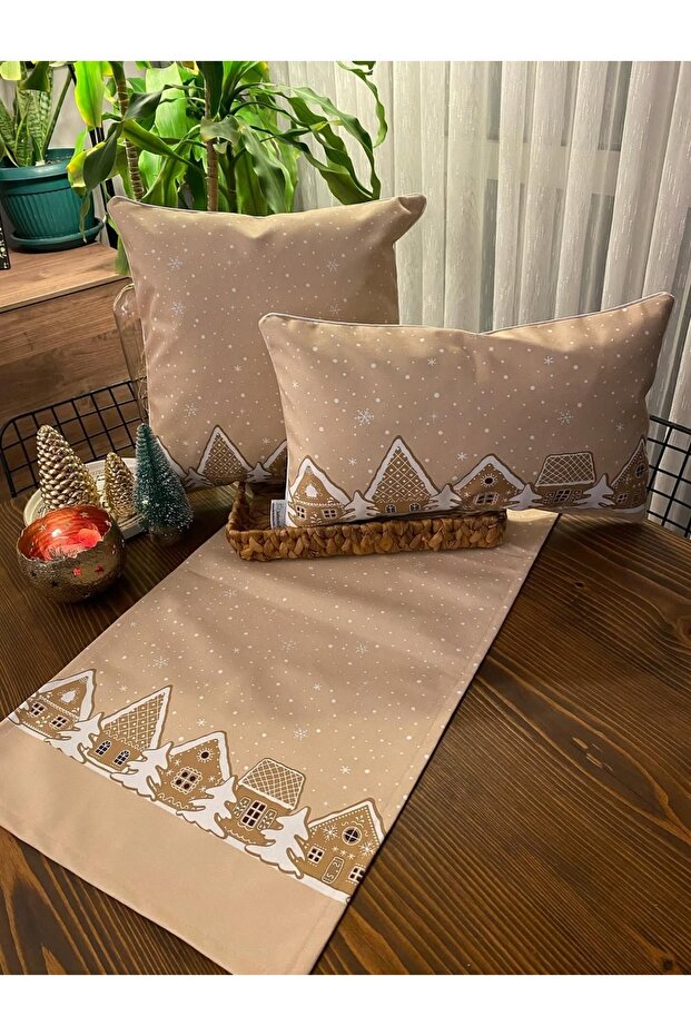 3-Piece-H1245 Beige Cookie Houses-Cushion Cover and Runner Combination