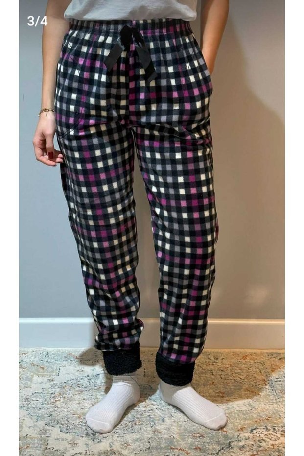Thick Fleece Pajama Bottoms with Cuffs and Plaid Pockets