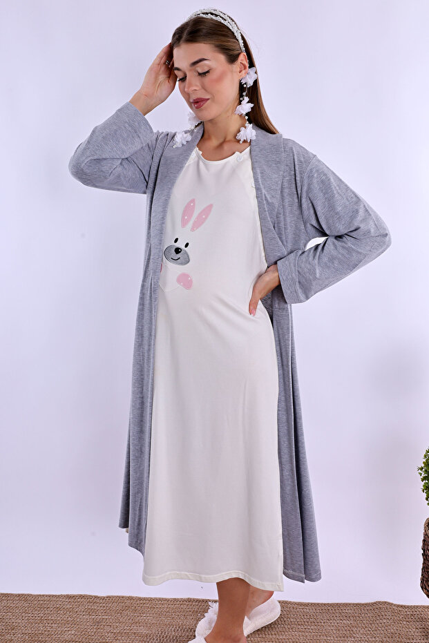 Effortt Pink Maternity and Postpartum Nightgown Set with Robe