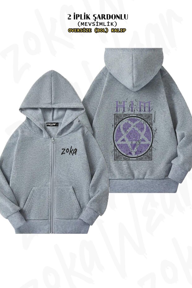 Unisex Roses Him Printed Oversized Back Printed Zippered Hooded Cardigan