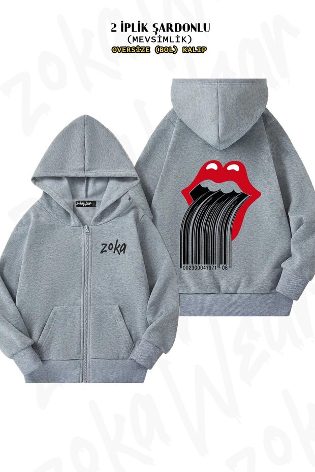 سترة كارديجان بقلنسوة بسحاب للجنسين من The Rolling Stones Barcode مطبوع قصة فضفاضة مطبوع