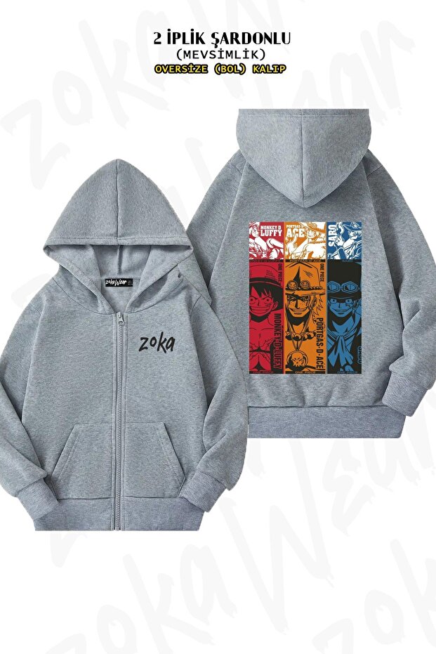 Unisex One Piece Luffy Ace Sabo Printed Oversized Back Printed Zippered Hooded Cardigan