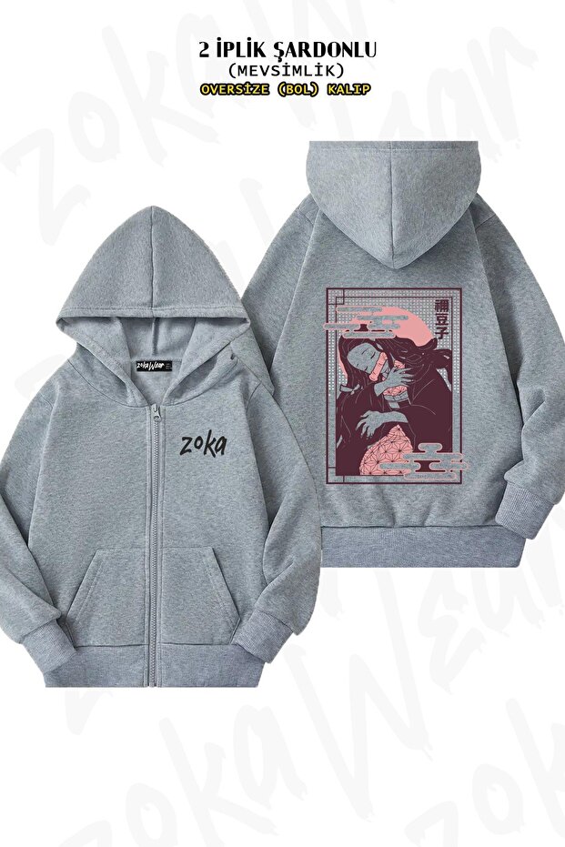 Unisex Demon Slayer Nezuko Kamadoo Printed Oversized Back Printed Zippered Hooded Cardigan