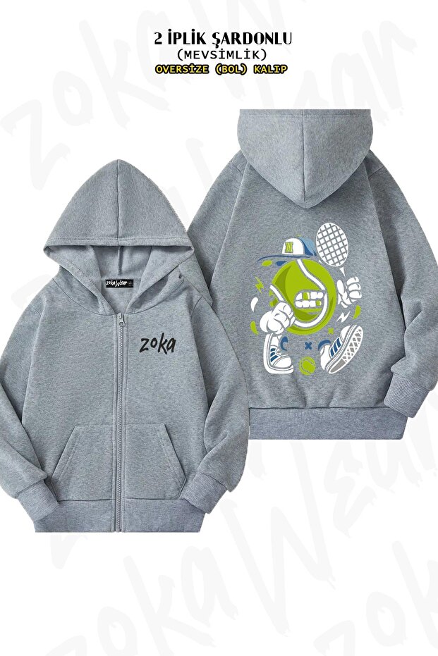 Unisex Hat Tennis Ball Printed Oversized Back Printed Zippered Hooded Cardigan