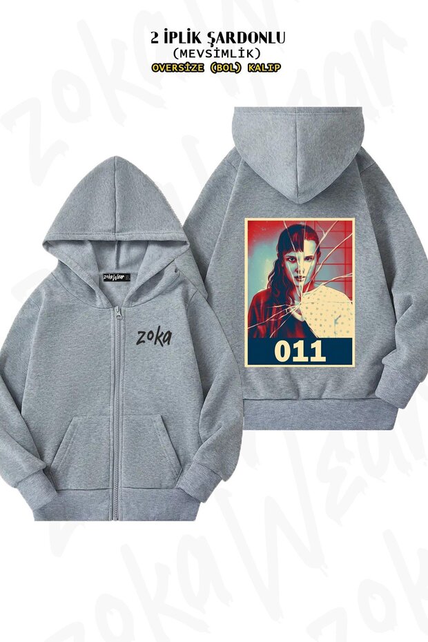 Unisex Eleven Stranger Things Season Printed Oversized Back Printed Zippered Hooded Cardigan