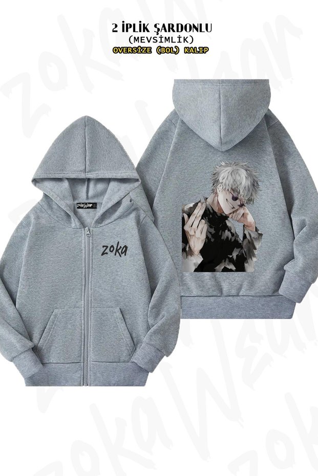 Unisex Jujutsu Kaisen Satoru Gojo (Sensei) B Printed O Oversized Back B Printed Zippered Hooded Cardigan