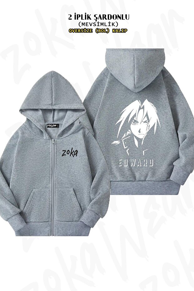 Unisex Full Metal Alchemist Edward Elric Printed Oversized Back Printed Zip Hooded Cardigan
