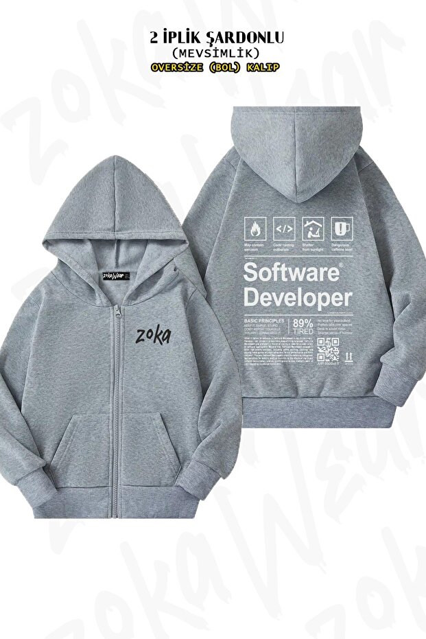 سترة بقلنسوة للجنسين من SOFTWARE DEVELOPER LABEL مطبوع قصة فضفاضة مطبوع مزودة بسحاب