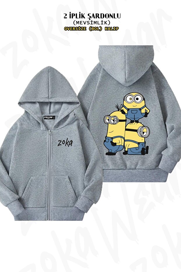 Unisex Minions Printed Oversized Back Printed Zippered Hooded Cardigan
