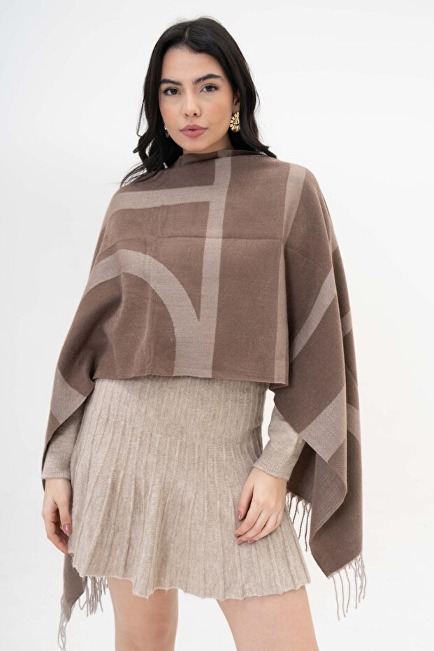 وشاح شتوي من الصوف بنمط هندسي - بني - 2