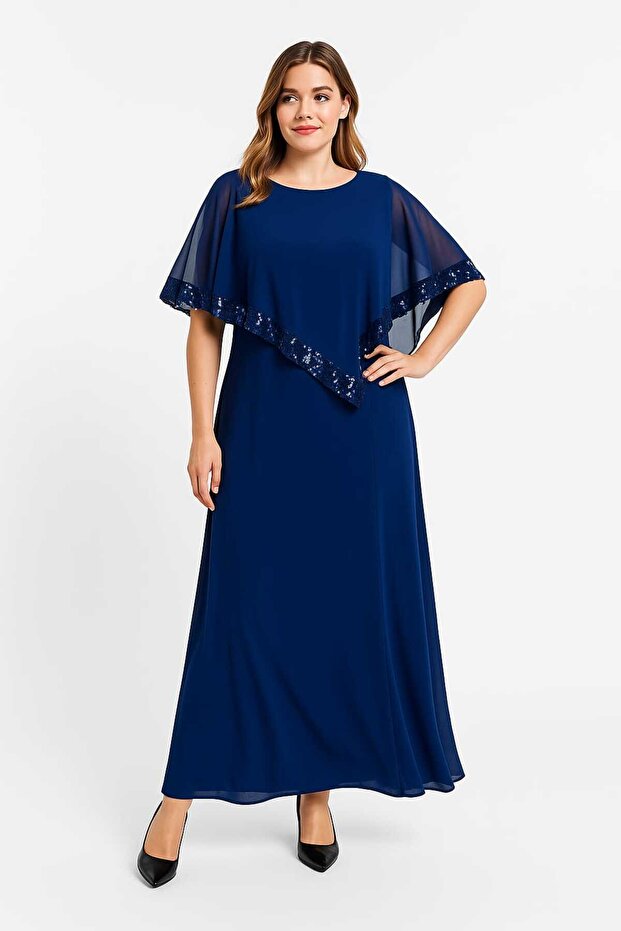 Women's Plus Size Cobalt , Chiffon and Sequin Detailed Evening Dress 65N23491