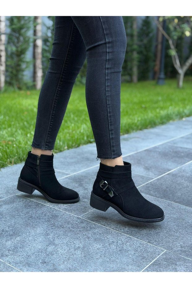 Black Suede Buckle Women's Casual Boots