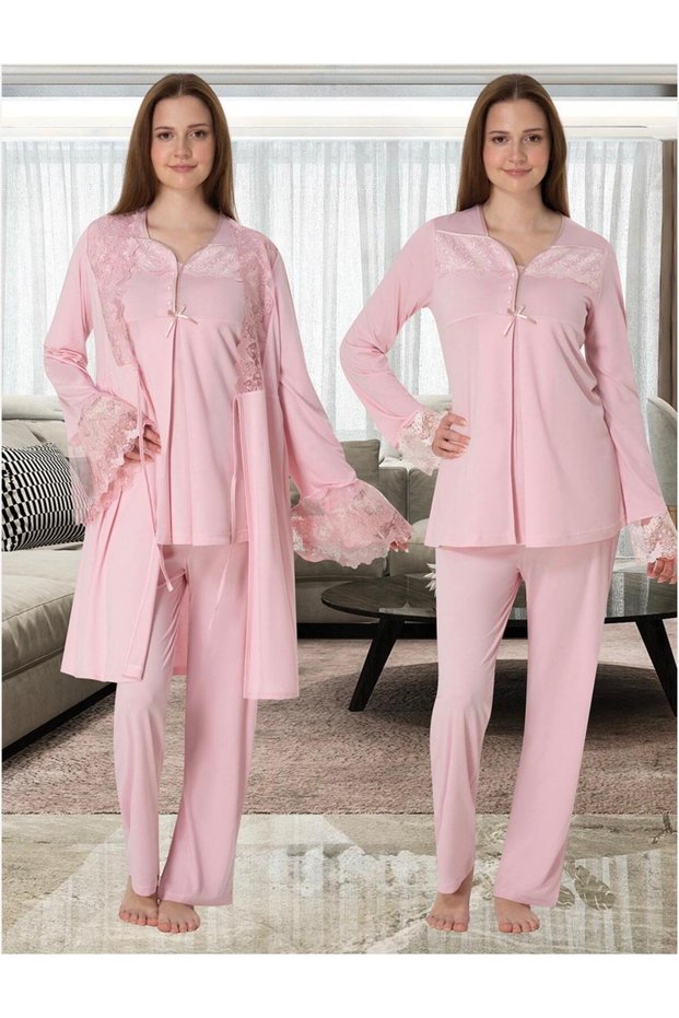 Women's Pink Design Lace Maternity Pajama Set 3-Piece Set