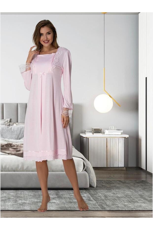 Women's Pink Nursing-Friendly Lace Detailed Long Sleeve Maternity Nightgown (Effortt)
