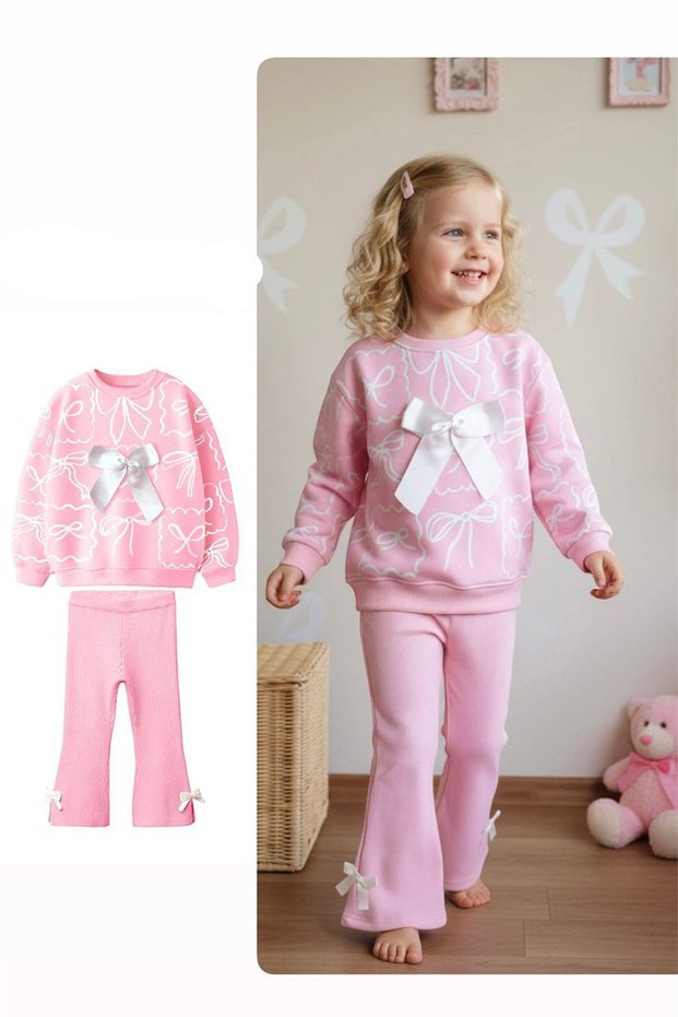 My Little Girl's Cicileri Bow Detailed Girls' 2-Piece Set - Light Pink