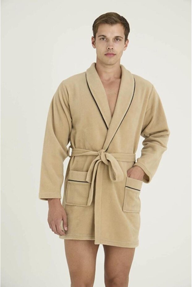 Kly 275 Men's Beige Tie-Up Pocketed Fleece Robe
