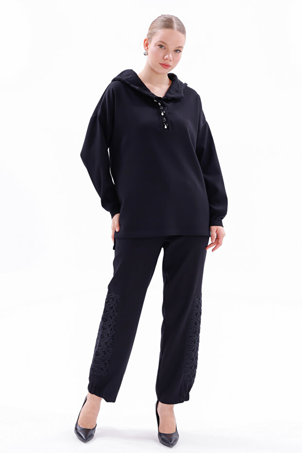 Lace Detail Tunic Pant Set 19467 Black