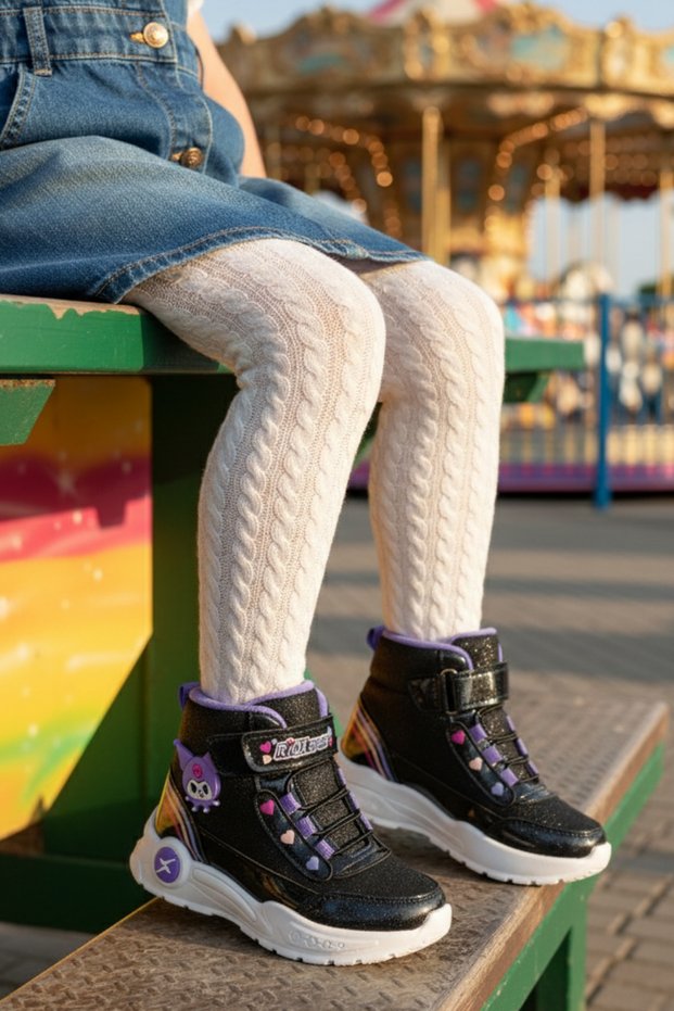 Kuromi Patterned Black Glitter Girls' Boots – Velcro, High Sole, Winter Sports Shoes