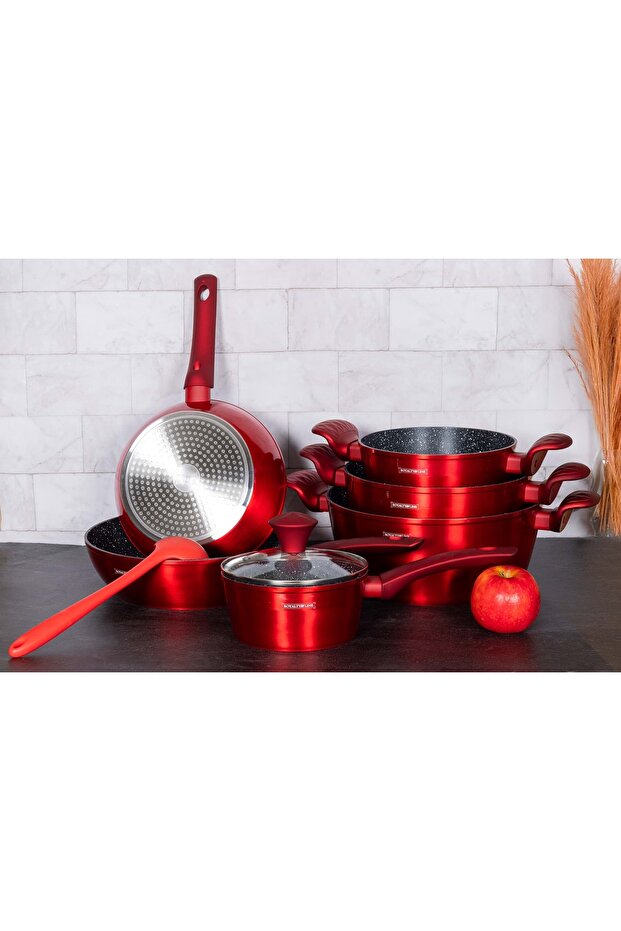 Cookware set, 10 pieces, non-stick, with lids, metallic red color, – FD10 - 2