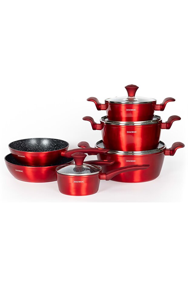 Cookware set, 10 pieces, non-stick, with lids, metallic red color, – FD10 - 1