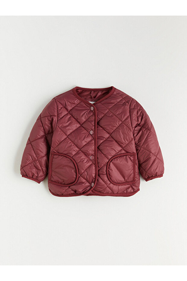 Burgundy Crew Neck Quilted Patterned Girl's Coat