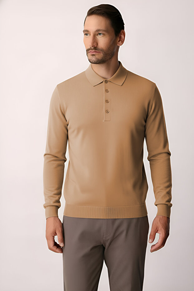 Light Brown Standard Fit Slim Fit Polo Neck Plain Long Sleeve Knitwear