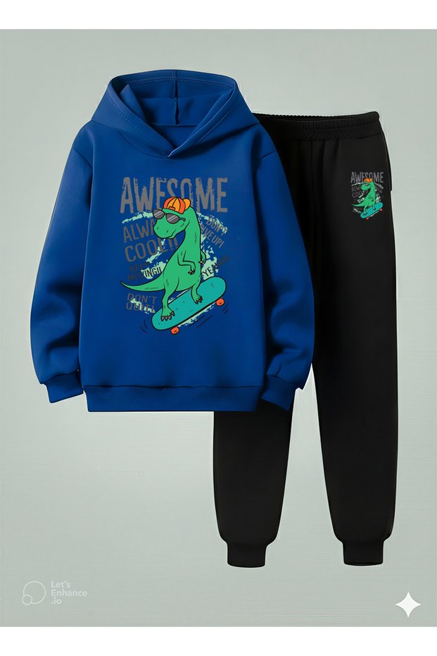 Children Hooded Set Awesome Printed 3 Thread Ş Fleece-Lined Sweatshirt - Tracksuit Set