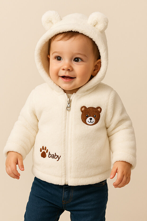 Cream Color Lined Unisex Plush Hooded Teddy Bear Embroidered Baby Cardigan – Soft and Keeps Warm