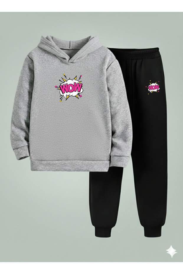Children Hooded Set Wow Baloncuk Printed 3 Thread Ş Fleece-Lined Sweatshirt - Tracksuit Set