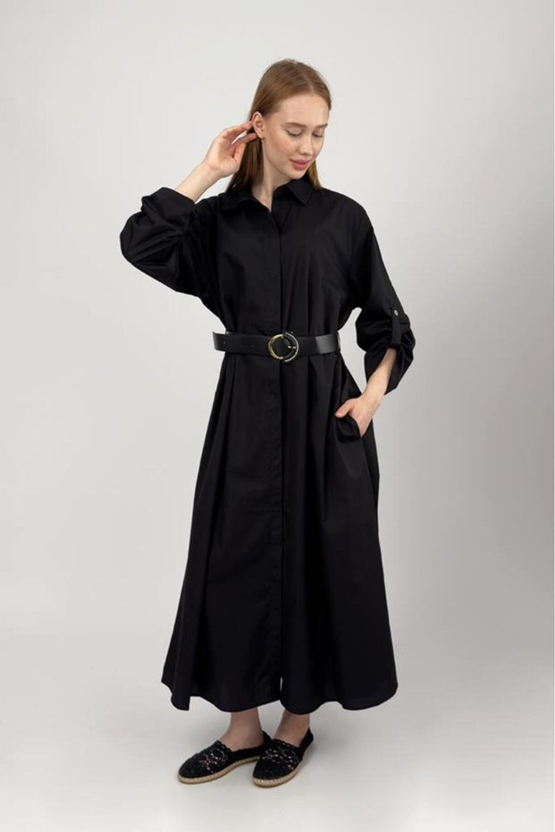Women's Cotton Belted Midi Length Shirt Dress Black