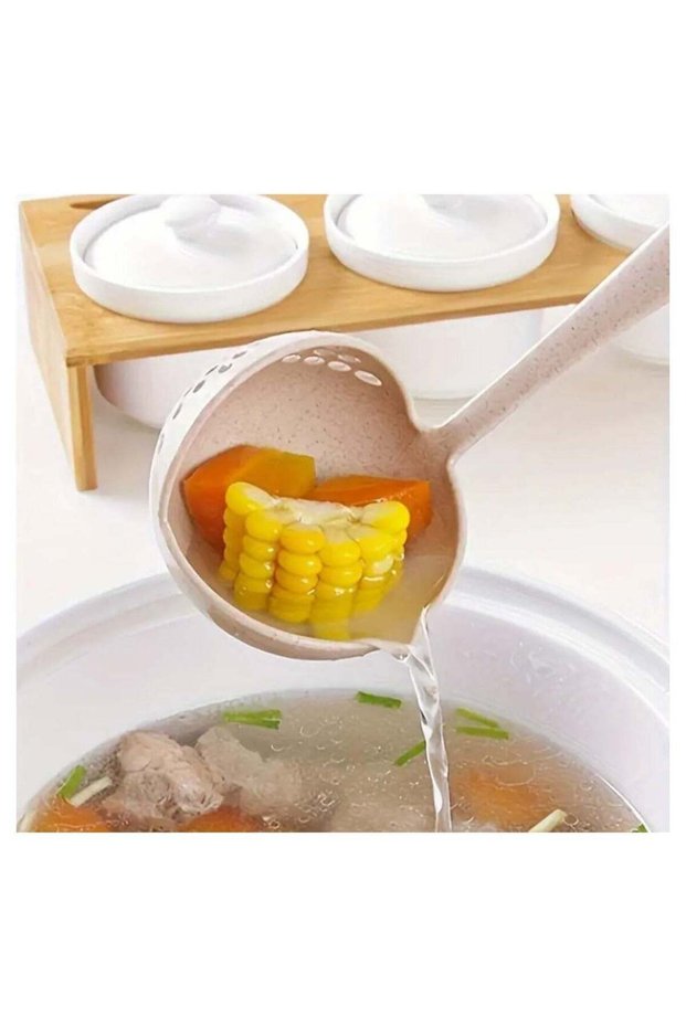 1pc 2-in-1 Soup & Strainer Spoon with Long Handle – Food-Safe Wheat Straw Plastic, Ergonomic Design for Hot Pot, Soups & Serving