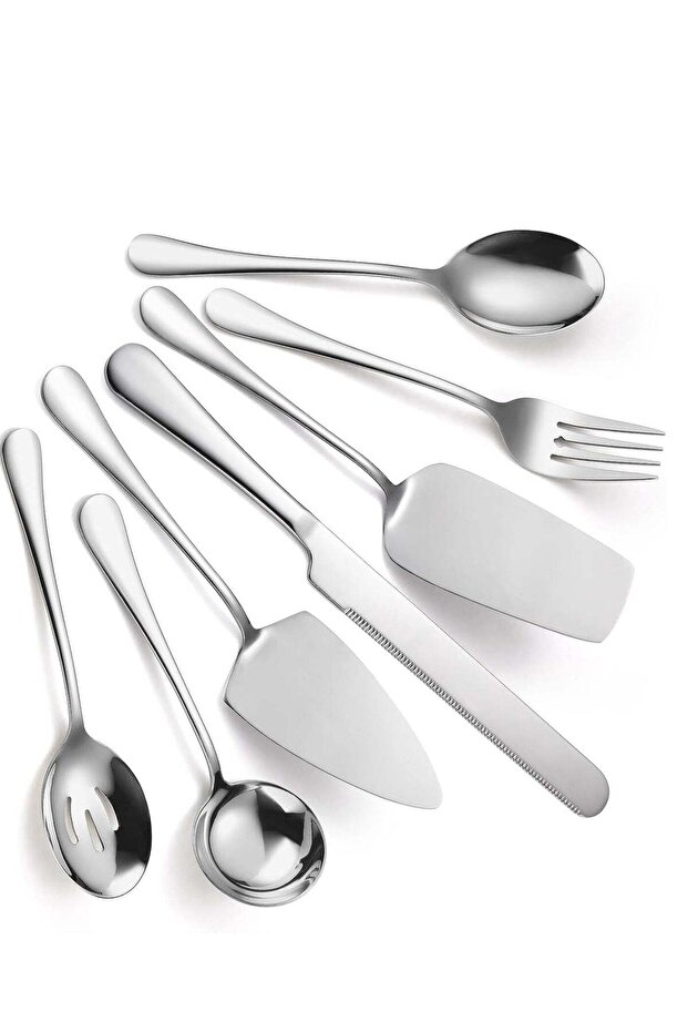 7 PCS Flatware Serving Set Stainless Steel Utensils Include Soup Spoon,Slotted Spoon,Dessert Server,Large Serving Fork, Cake Knife,Large Serving Slotted Spoon,Pizza Spatula (Silver)