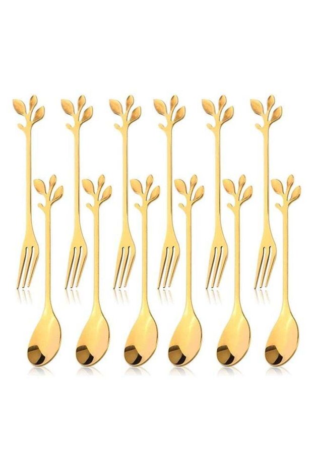 12pcs Stainless Steel Gold Leaf Coffee Spoon and Cake Fruit Forks Kitchen Accessory Wedding Party for Dessert, Salad, Appetizer, Spoon and Fork Set(6 Forks + 6 Spoons) (Gold)