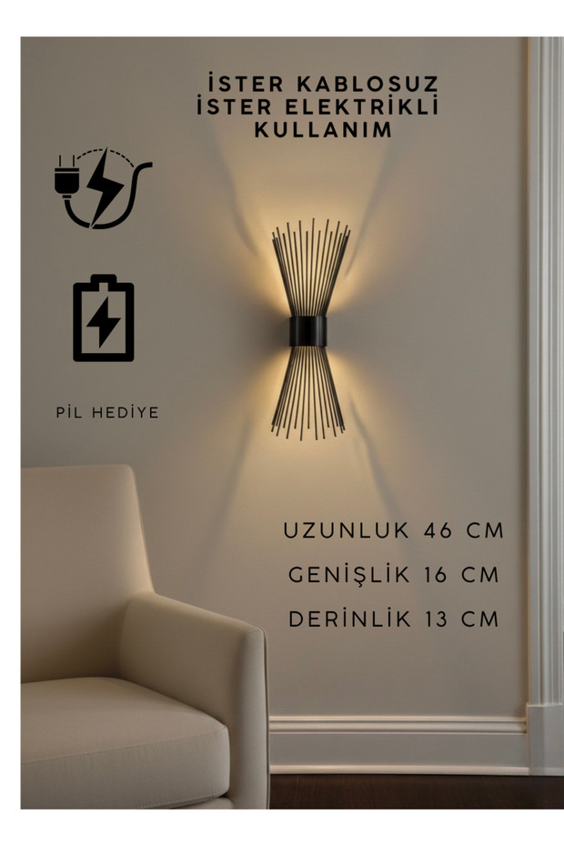 Siyah Pilli ve Elektrikli Modern Lüks Aplik Kirpi Model - 1