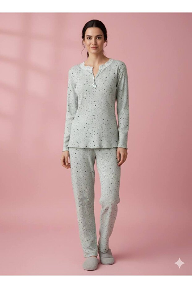 Lace Collar Detailed Cotton Combed Fabric Pajama Set