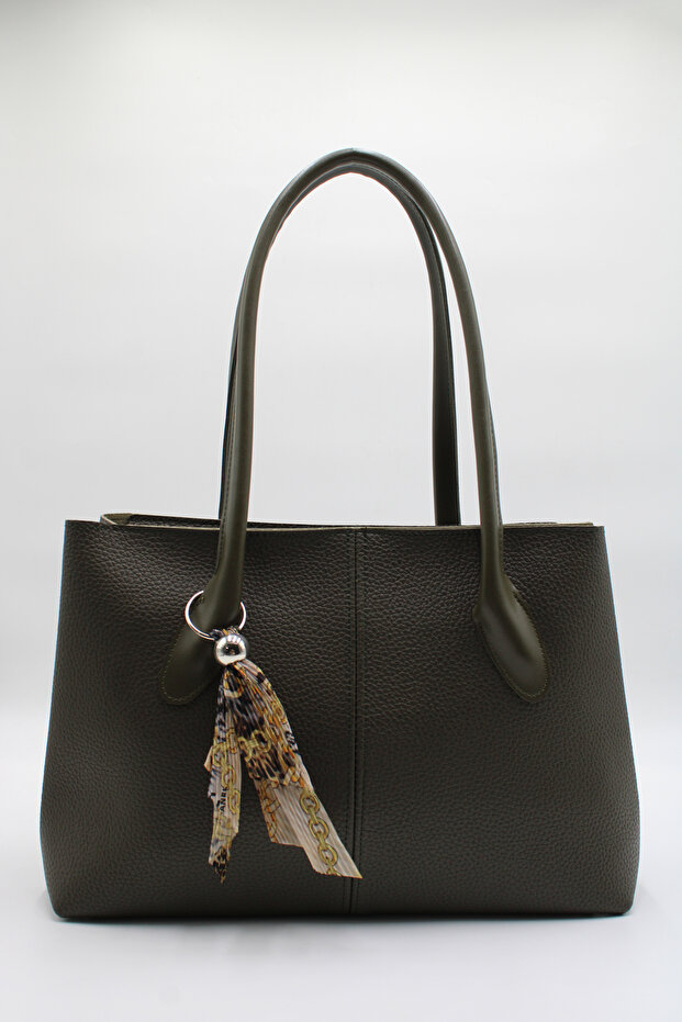 Women's Khaki Charm Detailed Large Size Zippered Inner Pocket Hand, Arm and Shoulder Bag