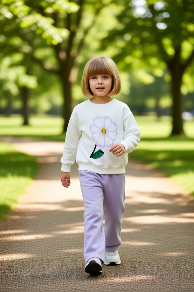 Girl's Top-Bottom Cotton Floral Printed Sweatshirt and Sweatpants Set Quality Stylish Comfortable