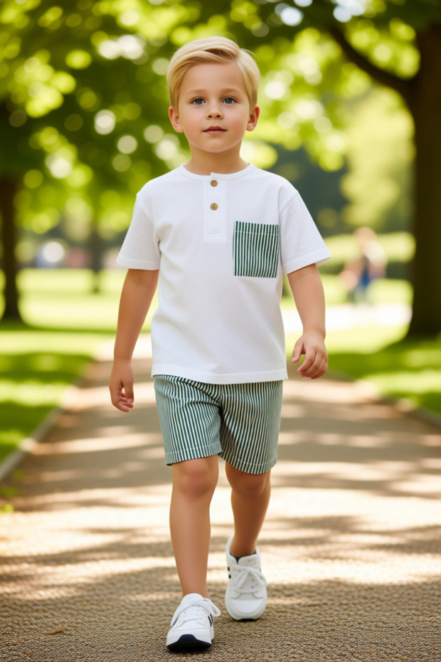 Boys' Crew Neck Pocket Detailed Knitted T-Shirt and Shorts Set High Quality Stylish Comfortable