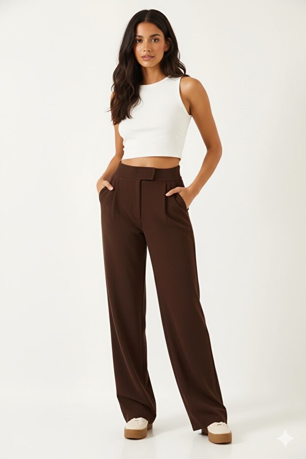 Women's Velcro Waist Palazzo Comfortable Brown Trousers