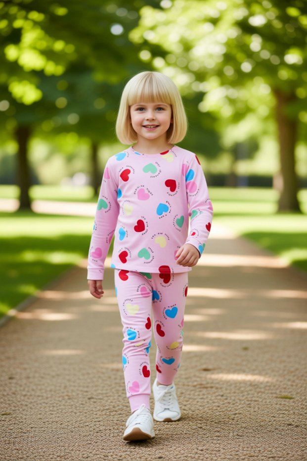 Girls' Cotton Polyester Knitted Heart Pattern Pajama Set Quality Stylish Comfortable Casual