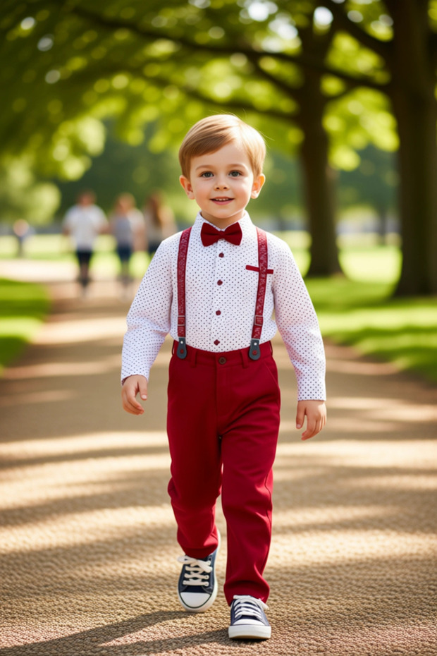 Boys' Stylish Polka Dot Shirt Pants and Bow Tie Suspender Set Quality Stylish Comfortable