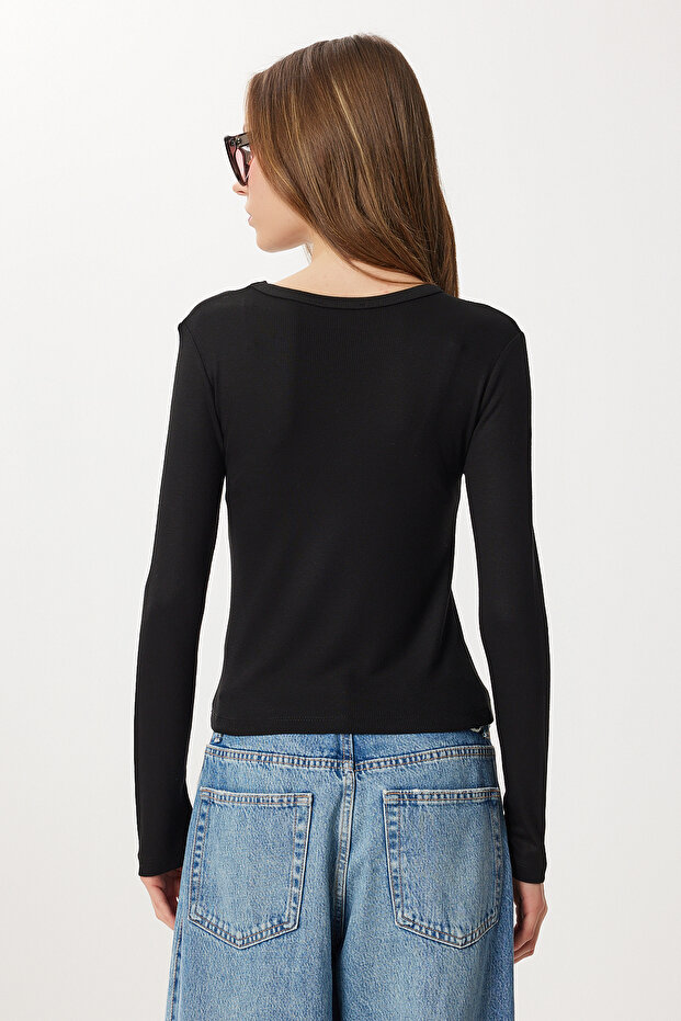 Basic Fitilli Örme Bluz LUB0296 SİYAH - 4