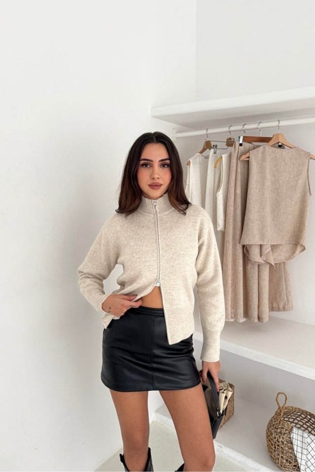 Basic Double Zipper Detailed Mock Neck Knitwear Cardigan Aw25Hi0054