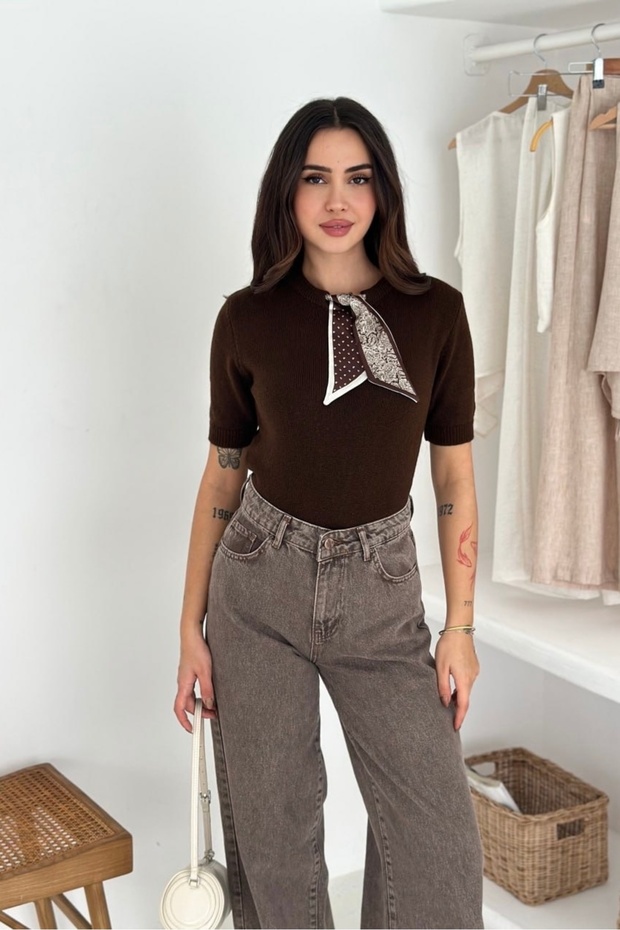 Ribbon Detailed Short Sleeve Soft Textured Knitwear Sweater Aw25Kz0072
