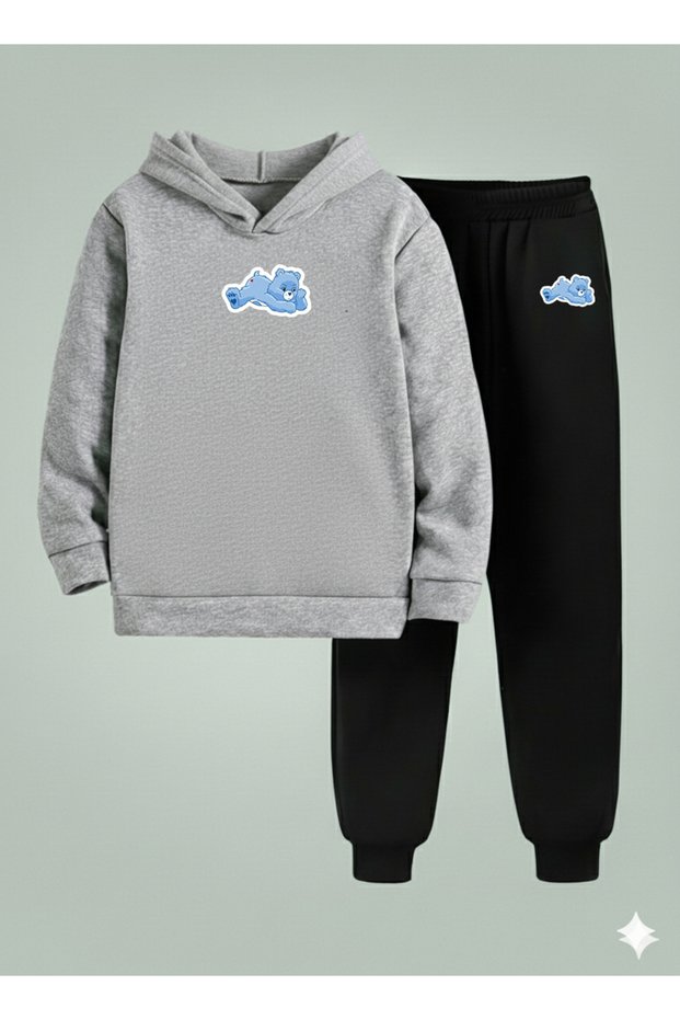 Children Hooded Set Thinking Bear B Printed 3 Thread Sha Fleece-Lined Weatshirt - Tracksuit Set