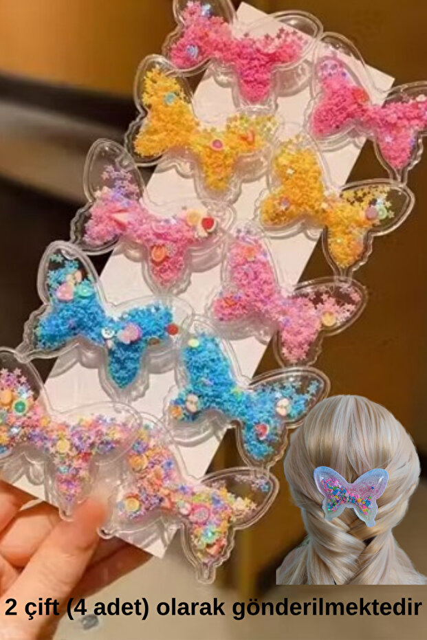 Cute Butterfly Figured Hair Clips with Sequins Inside, 2 Pairs (4 Pieces)