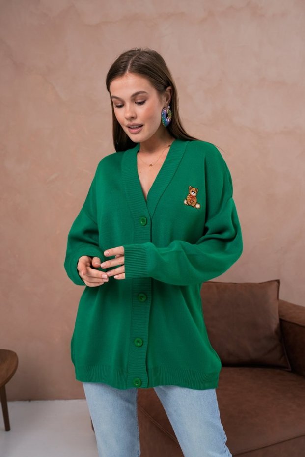 Oversized Midi Length Teddy Bear Detailed Knitwear Cardigan Aw25Hi0053